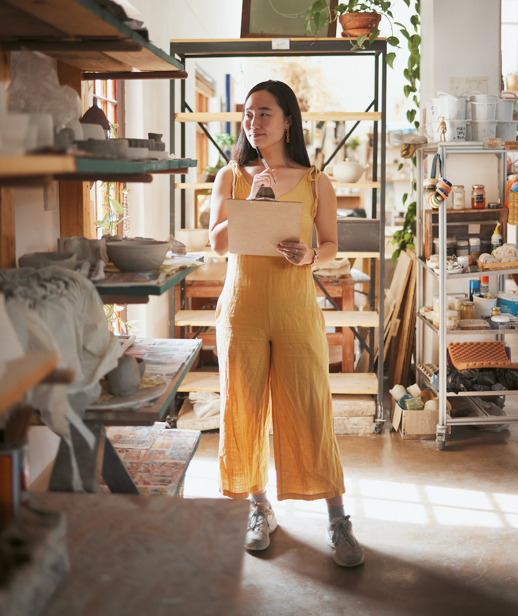 Woman, workshop and planning notes for pottery checklist, inventory and product manufacturing. Ceramic manager thinking of product, stock and designer in small business, studio and retail production