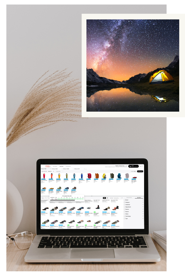 Graphic of a laptop with an outdoor assortment planner and a picture of a tent under starry sky